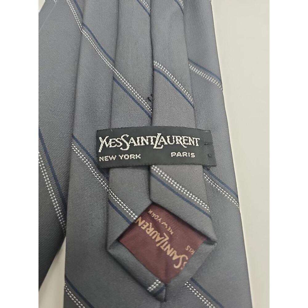 Yves Saint Laurent YSL Tie Embroidered Logo Vintage Gray Navy Striped 54" x 3" - Picture 2 of 3